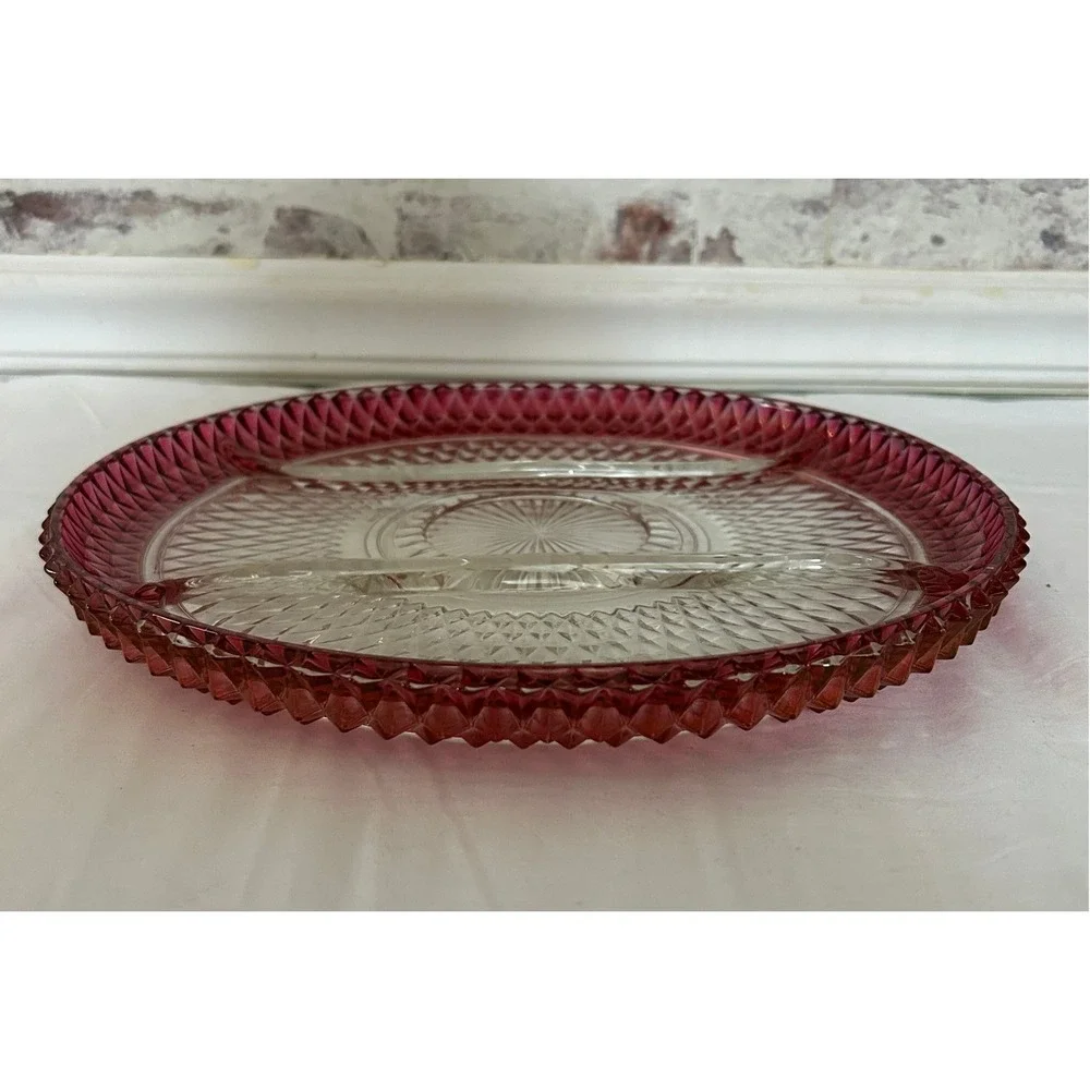 Vintage Glass Relish Dish 3 Section Ruby Red Clear Diamond Point 12